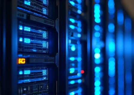 Modern server room with glowing blue lights signifying high-performance AI deployment